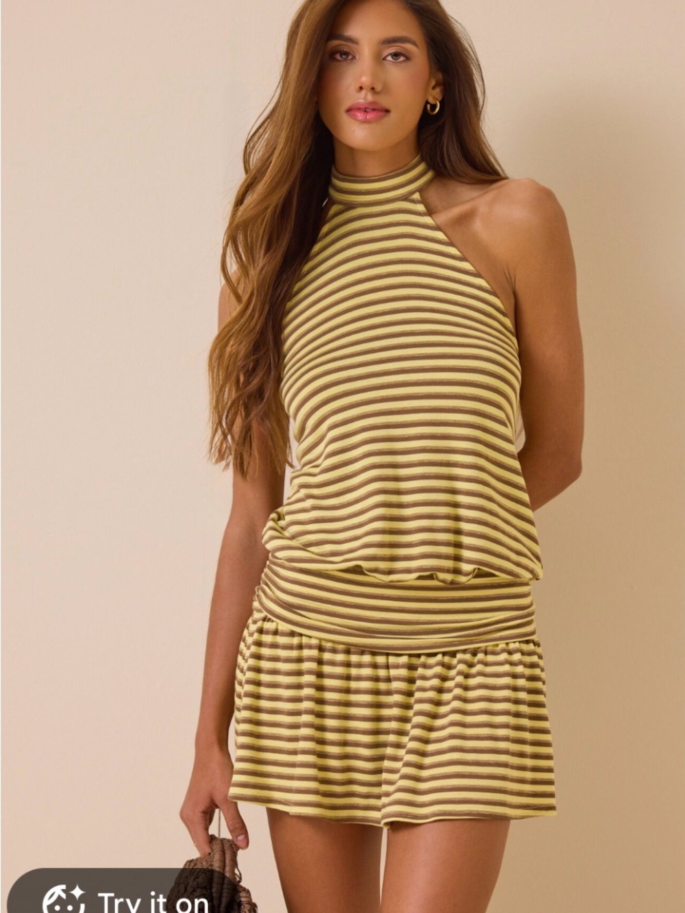 Altar'd State Yellow and Brown Striped Halter Neck Mini Dress